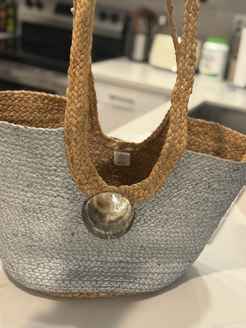 NIKKI BEACH Woven Straw Tote Bag with Shell Accent - Natural and Silver